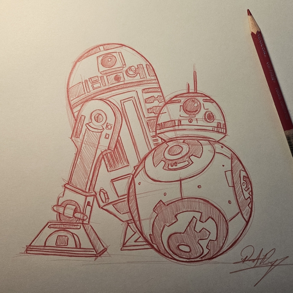 Disney LucasArts Star Wars BB-8 R2-D2 Character Drawing/Sketch Art Signed